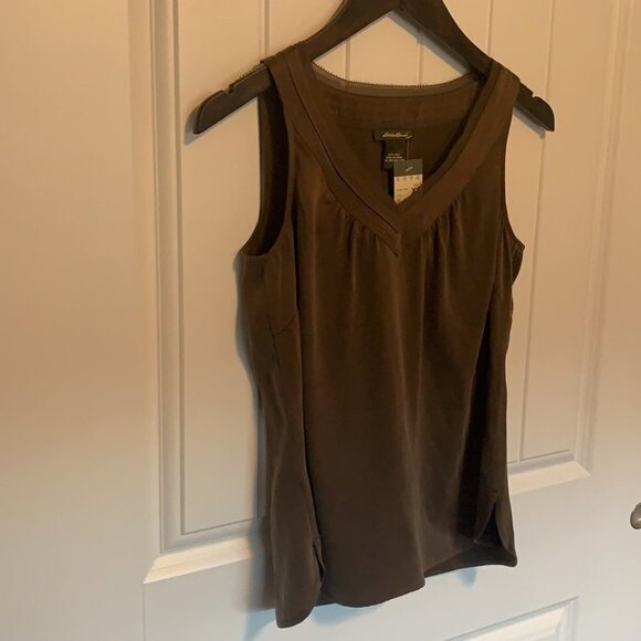 NWT Eddie Bauer 100% Silk Sleeveless Brown Relaxed Slip V Neck Top XSmall - Picture 7 of 12